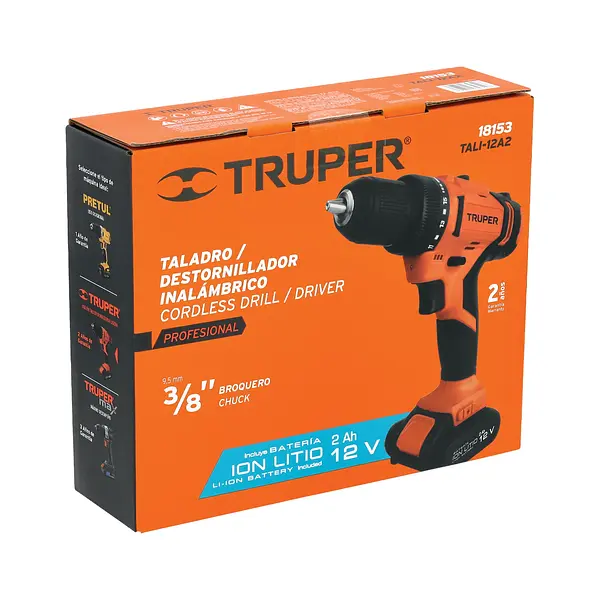 Taladro 3/8", 12v, 1 Batería 2ah, Pro, Truper