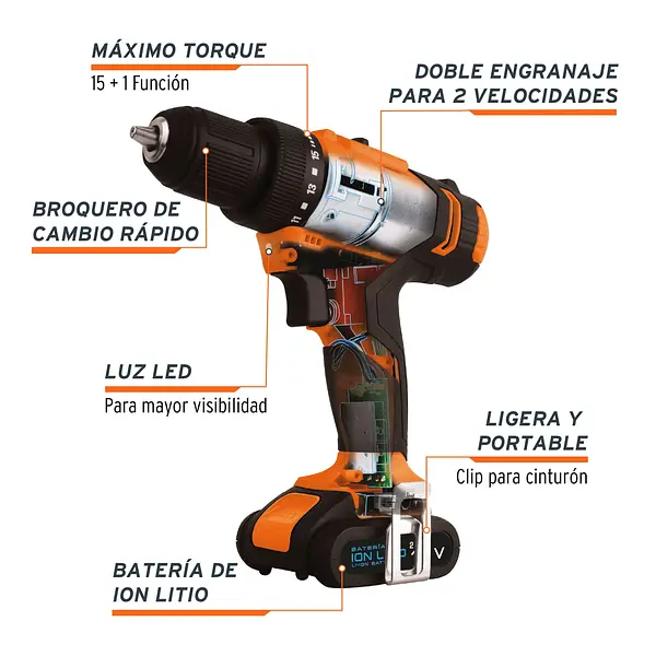 Taladro 3/8", 12v, 1 Batería 2ah, Pro, Truper