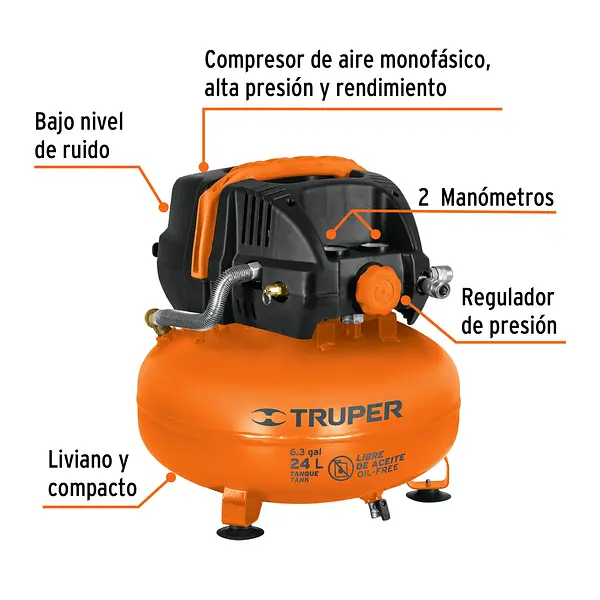 Compresor Libre De Aceite, 24l, 2-2/3hp, 127v, Truper