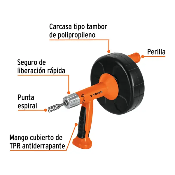 Destapacaños De 7.6 M Para Taladro, Con Mango, Truper