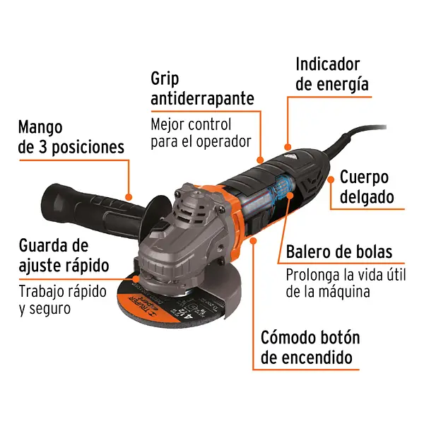Pulidora Angular 4-1/2", 850w, Truper Ergo Pro
