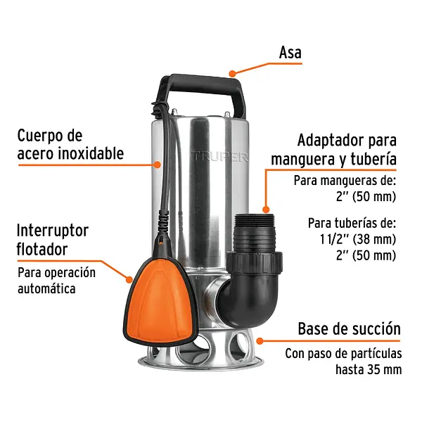 Bomba Sumergible Acero Inoxidable, Agua Sucia, 1-1/2hp, Trup