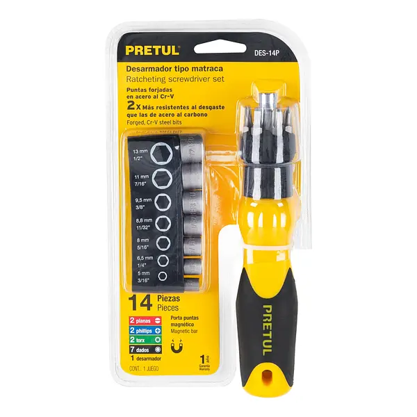 Desarmador Tipo Matraca Con 6 Puntas Y 7 Dados, Pretul
