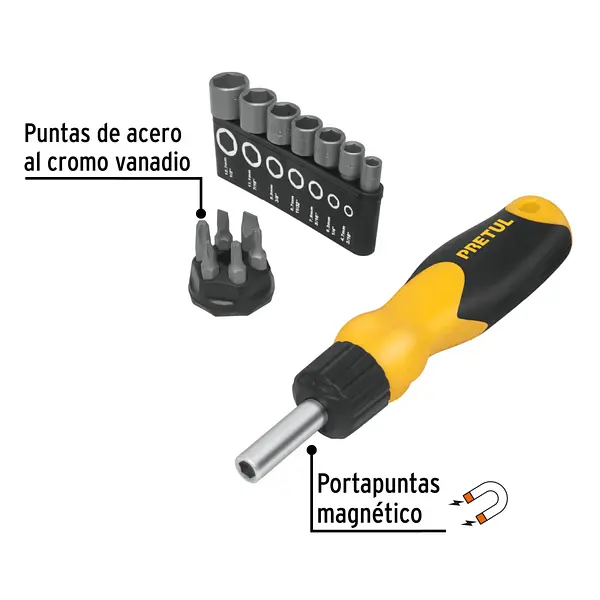 Desarmador Tipo Matraca Con 6 Puntas Y 7 Dados, Pretul