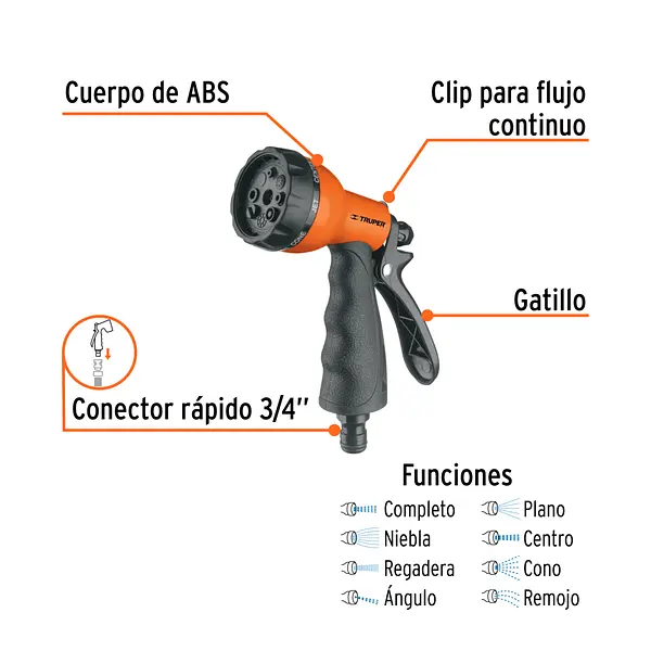Pistola Para Riego De 8 Funciones Plástica Con Recubrimiento