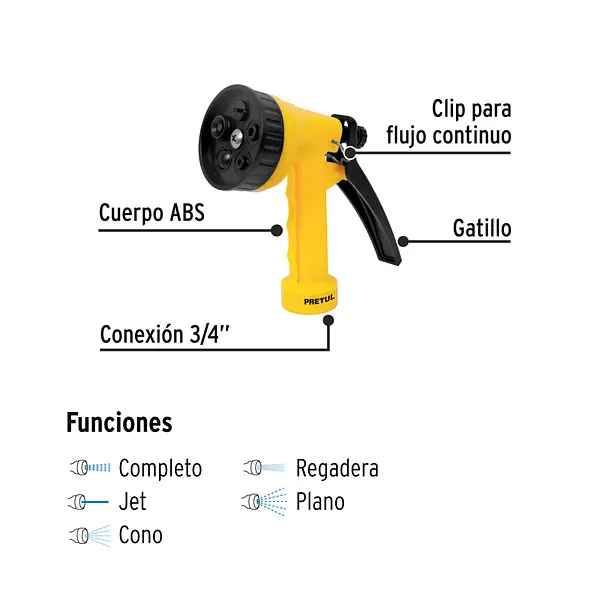 Pistola Plástica Para Riego De 5", 5 Funciones, Pretul