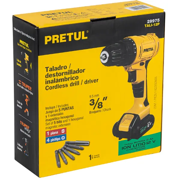Taladro 3/8", 12v, 1 Batería 2ah, Pretul