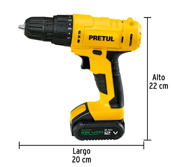 Taladro 3/8", 12v, 1 Batería 2ah, Pretul