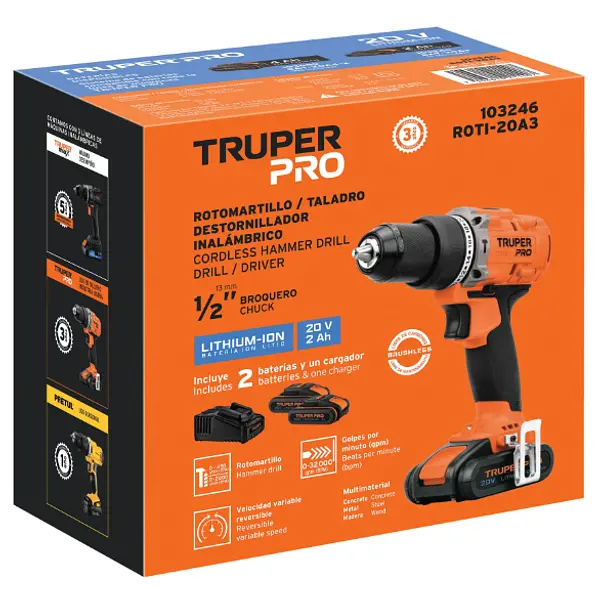 Rotomartillo 1/2", 20v, 2 Baterías 2ah, Truper Pro