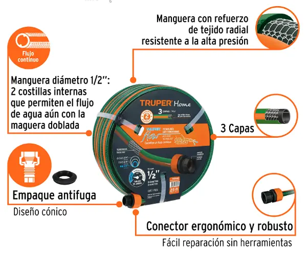 Manguera 1/2" Reforzada 3 Capas 25 M Conexiones Plásticas