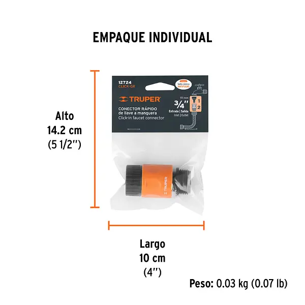 Conector 3/4" Rápido De Abs Grifo-Manguera Sistema Click