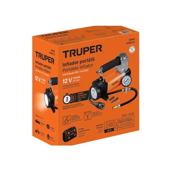 Inflador Portátil 12 V Para Auto, Con Linterna Led, Truper