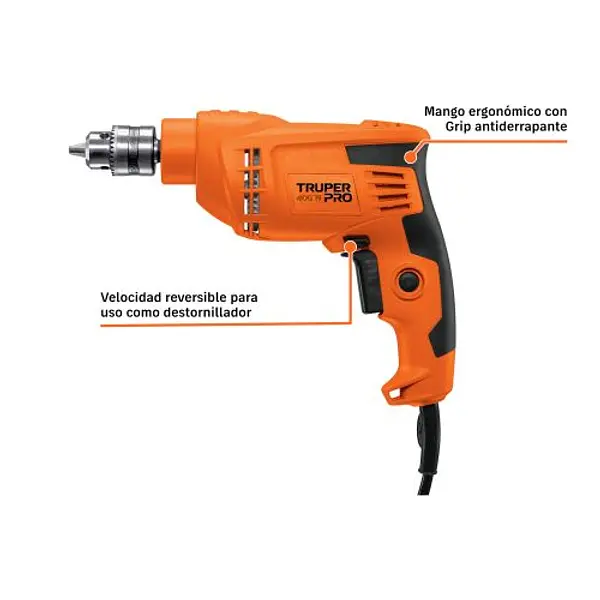 Taladro/Destornillador 3/8", 400w, Truper Pro